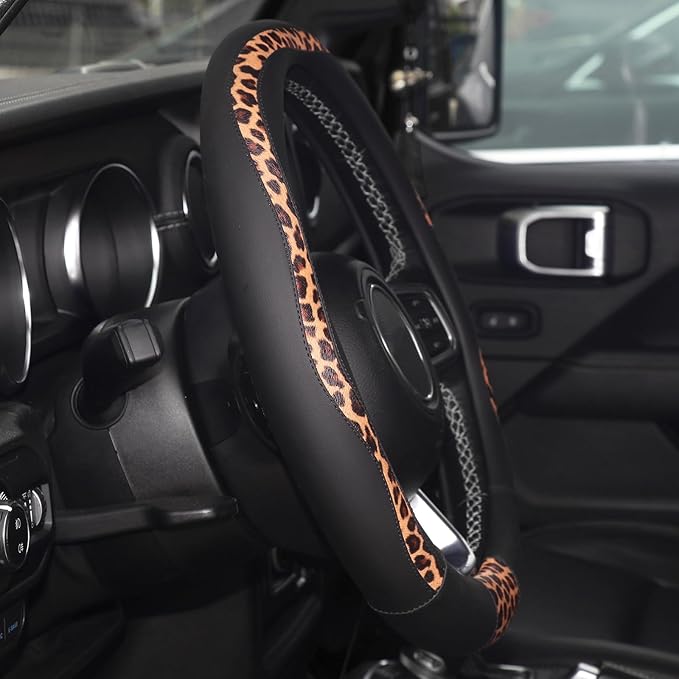 Leopard Steering Wheel Cover, Breathable Microfiber Leather Universal 14.5-15 inch for Most Automotive Steering Wheel Cheetah