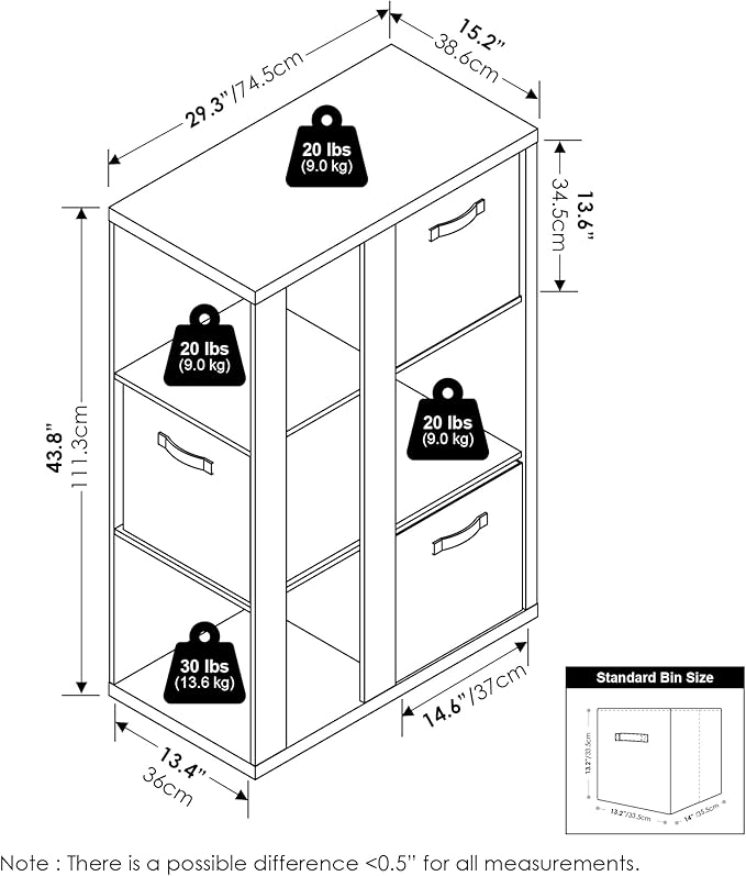 Furinno Viola Book Shelf, 3-Tier Bookshelf, Cube Storage Organizer Bookcase with Open Shelf, with Storage Bins, 13.6 x 29.3 x