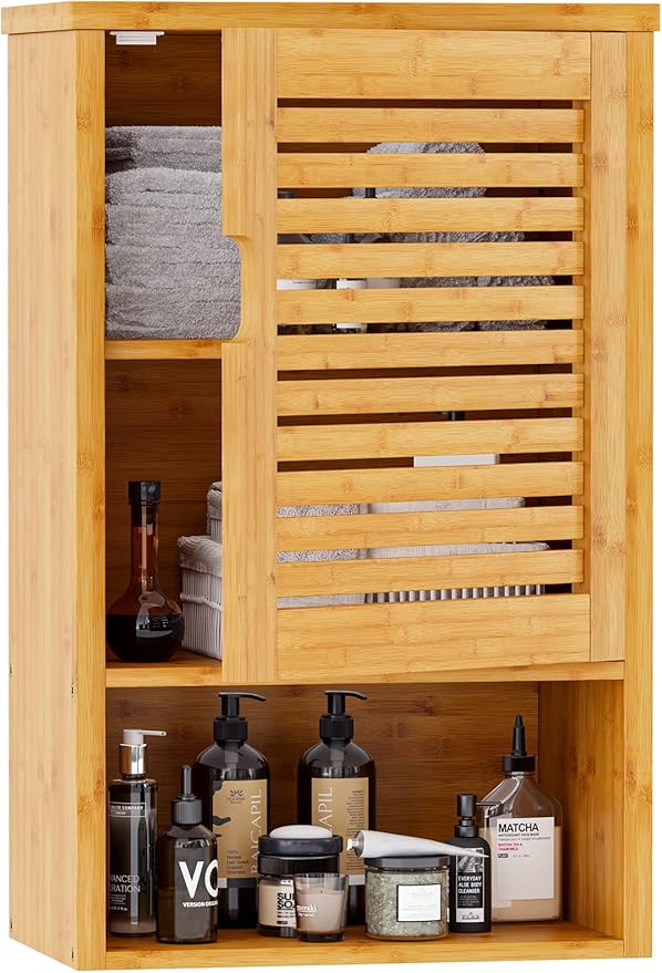 VIAGDO Bathroom Wall Cabinet, Wooden Medicine Cabinet with Single Door and Adjustable Inner Shelf, Bamboo Storage Cabinet Wal