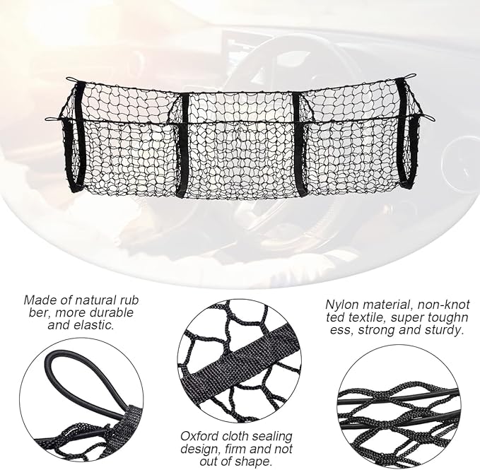 Cargo Net for Car, Expandable 3 Pocket Heavy-Duty Cargo Net Organizer, Black Mesh Storage Pocket with 4 Metal Carabiners Univ
