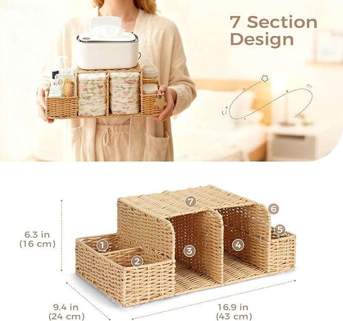 Diaper Caddy Organizer, Hand Rattan Nursery Storage Basket for Baby Essentials, Baby Changing Table Organizer Perfect Nursery