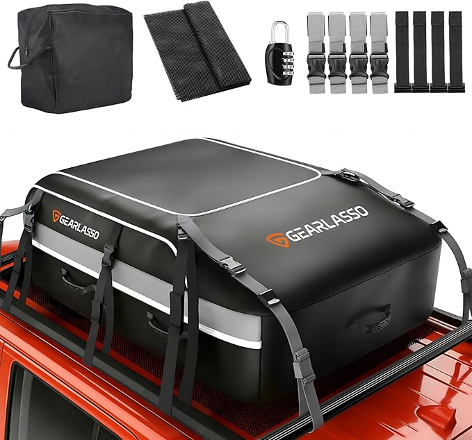 Car Roof Bag 21 Cubic Feet, Waterproof Rooftop Cargo Bag for Cars SUVs & Vans, 840D Heavy-Duty PVC, Universal Fit with or Without Roof Rack- Anti-Slip Mat，Combination Lock，6 Door Hooks，4 Extra Straps