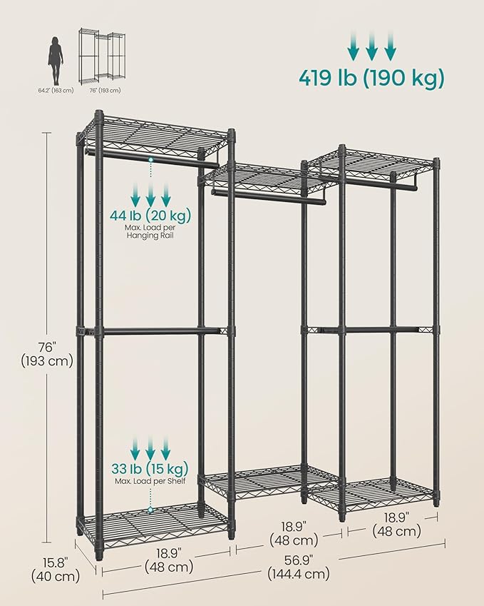 SONGMICS Heavy-Duty Clothes Rack, Garment Rack, Portable Closet, 56.9-Inch Wide Clothing Rack, with Adjustable Mesh Shelves a