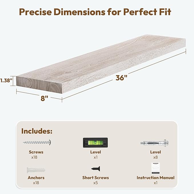 Vivelove Solid Wood Floating Shelves Set of 2, Elm Wood Wall Shelf with Invisible Bracket for Living Room Bedroom Bathroom Of