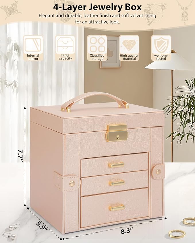 AKOZLIN 4-Tier Jewelry Box Leather Jewelry Storage Organizer with 3 Drawers Lockable for Women Girls Ring Necklace Earring Br
