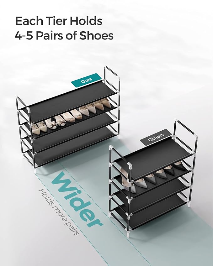 SONGMICS 4-Tier Shoe Rack, Shoe Storage for Hallway Closet, Slim and Space-Saving, Metal Frame, Non-Woven Fabric Shelves, Bla
