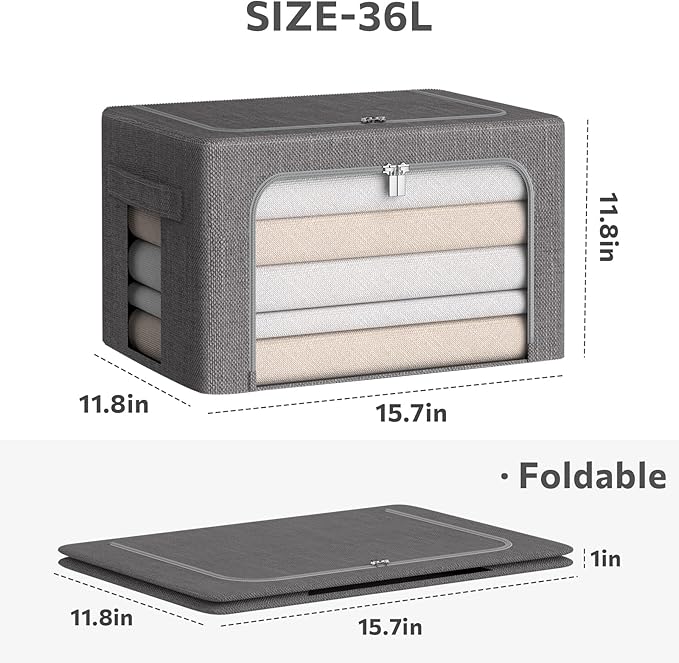 CYhom Clothes Storage Bins Box - Linen Fabric Foldable Stackable Container Organizer Set with Clear Window & Carry Handles & 