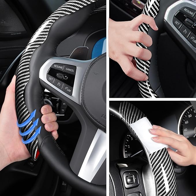 Car Steering Wheel Cover Set Bright Carbon Fiber Wrap Non-Slip 3pcs Steering Wheel Accessories 14.5-15 inch Universal (Silver)