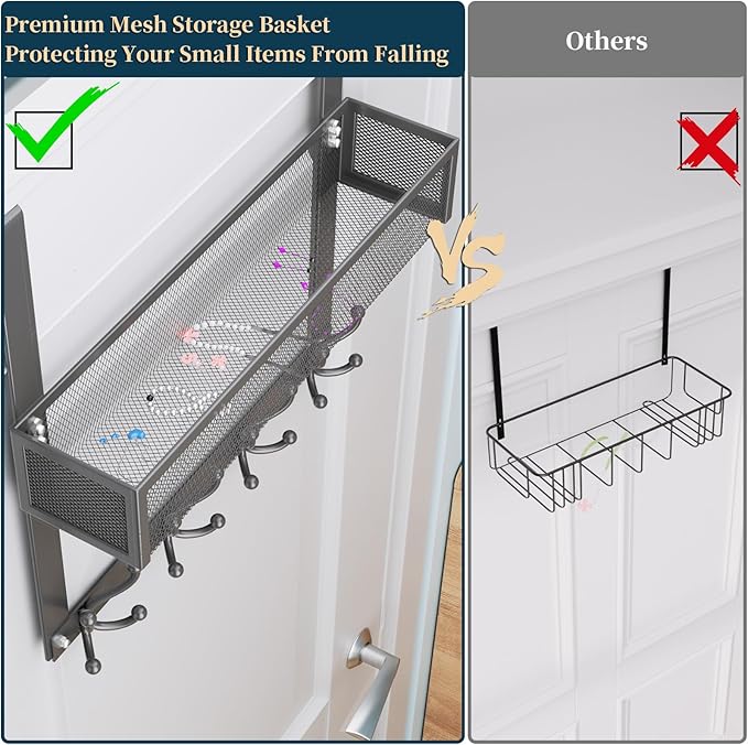 Consumest Over The Door Hooks Organizer - Over Door Hanger with 16 Hooks & 2 Baskets for Hanging Coat, Clothing, Towel, Hangi