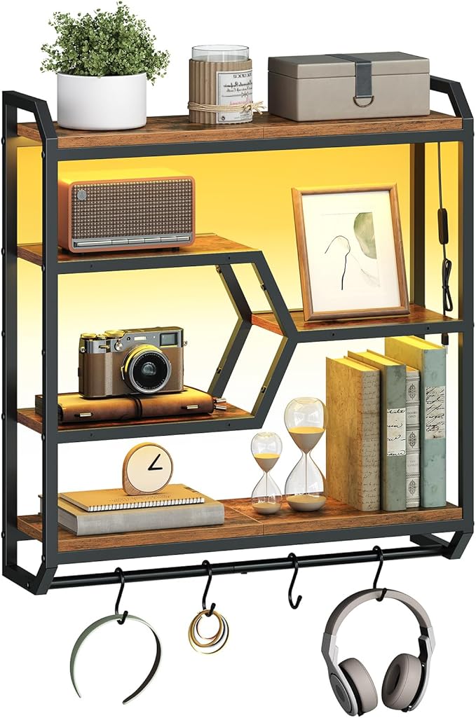 HOOBRO 27.5" Floating Shelf with LED Lights, Gaming LED Wall Mounted Shelf with Hanging Rod & 4 S-Hooks, 4-Tier Hanging Displ