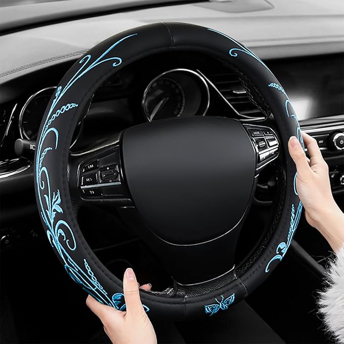 Blue Embroidery Butterfly Car Steering Wheel Cover,14.5-15 Inch Universal Leather Covers Breathable Anti-Slip Odorless Steeri
