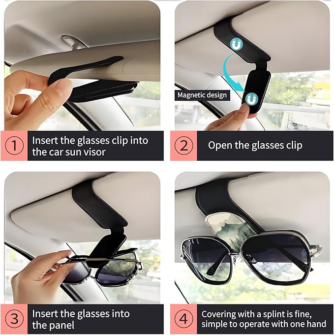 Sunglasses Holder for Car Visor, PU Leather Glasses Clip Organizer, Cute Magnetic Eyeglass Holder for Vehicle Sun Visor, Car Interior Accessory for Women & Men Misty Mountain Forest
