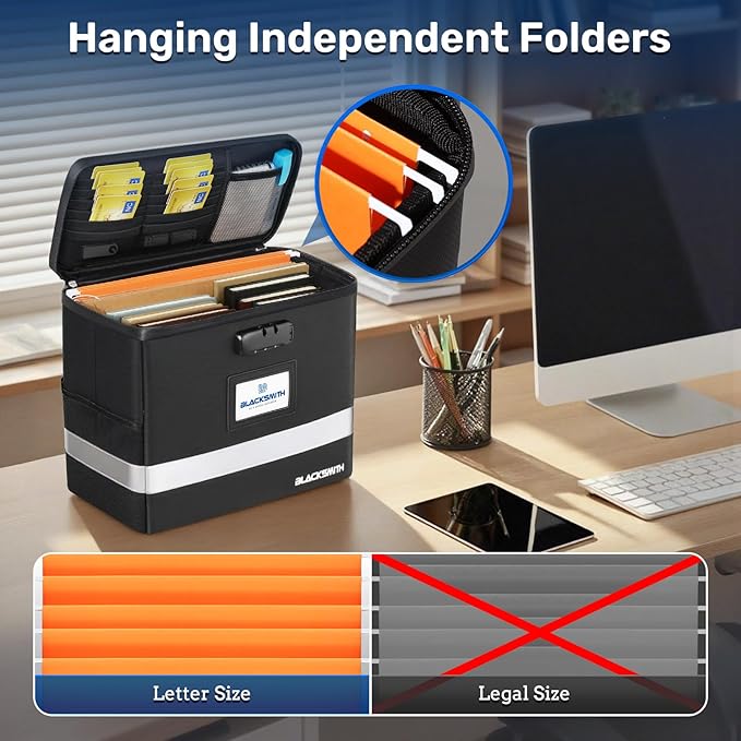 BlackSmith Fireproof Document Box With Lock, 4200°F Heat Resistant & IPX3 Waterproof Document Bag with Hanging File Organizer