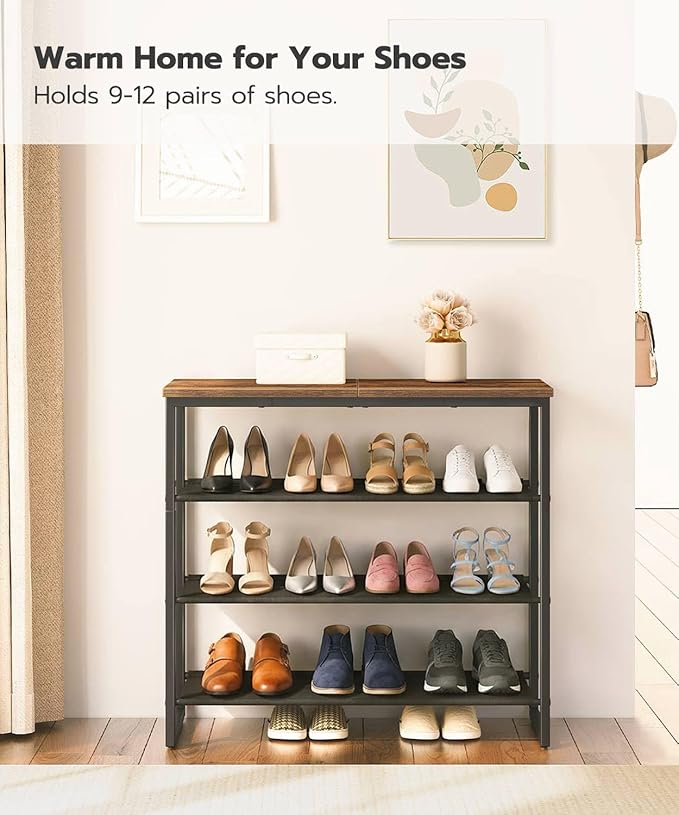 HOOBRO Shoe Rack, 4 Tier Shoe Storage Organizer with 3 Oxford Fabric Shelves and Top Panel, Holds 12-16 Pairs of Shoes for En