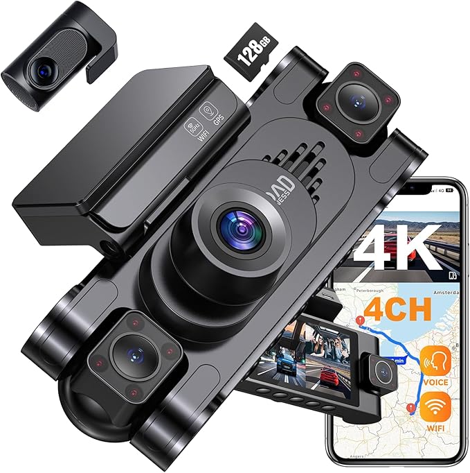 4K 360° Dash Cam for Cars, 4 Channel Front Rear Inside with 128GB Card, Super Night Vision, Fastest 5.8GHz WiFi GPS, Voice Co