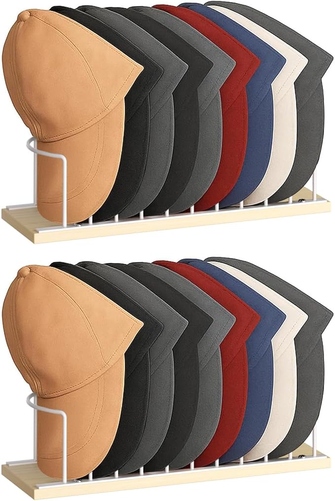 SWTYMIKI Hat Stand for Baseball Caps - 2 Tier Wood & Metal Tabletop Hat Organizer Storage Display Rack, Holds up to 20 Caps f