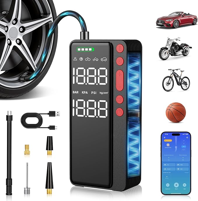 Smart Tire Inflator Portable Air Compressor, APP Control Air Pump For Car Tires, 10000mAh, 4X Faster 150PSI Bike Pump with All-in-One Storage, LED Light & Auto Shut-Off for Motorcycles