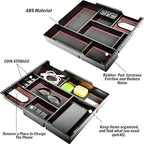 TACOBRO Center Console Organizer Compatible with 2014-2017 2018 2019 2020 2021 Tundra Accessories, Crewmax Interior Armrest Underseat Storage Box- Full-coverage Insert Tray, Red Trim
