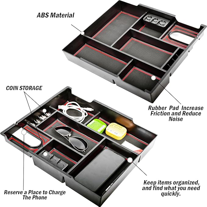 TACOBRO Center Console Organizer Compatible with 2014-2017 2018 2019 2020 2021 Tundra Accessories, Crewmax Interior Armrest Underseat Storage Box- Full-coverage Insert Tray, Red Trim