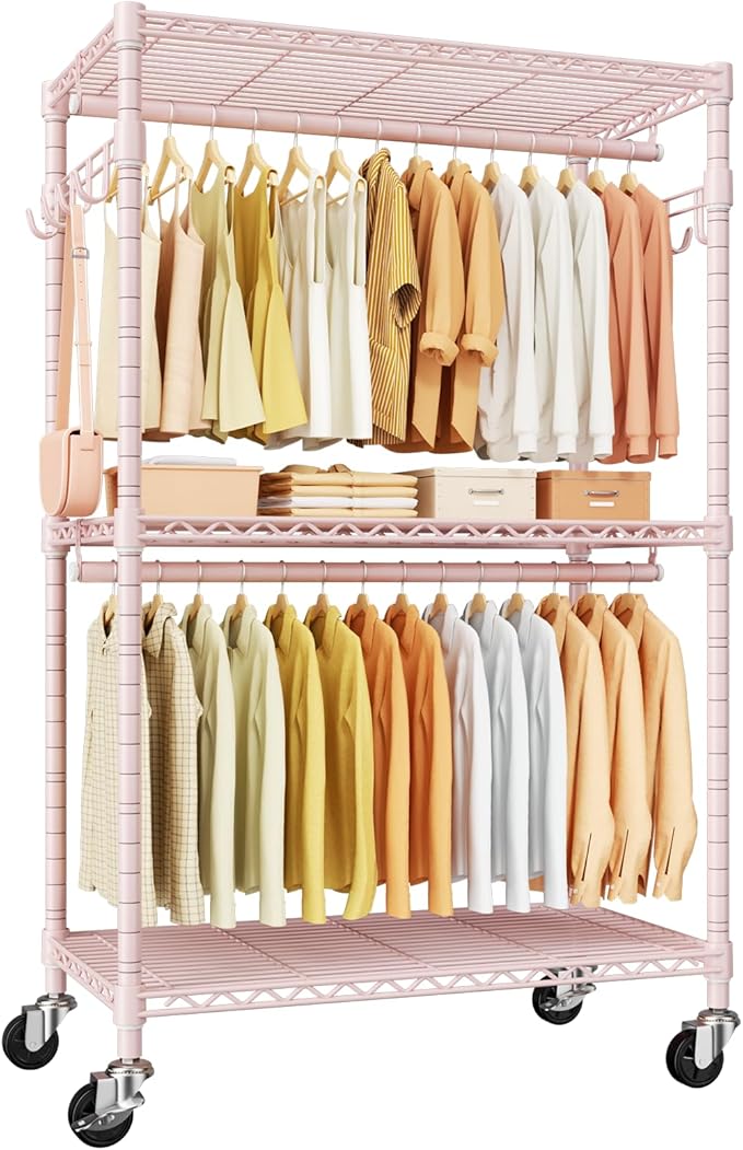 ULIFHOME P1 Rolling Closets with Wheels and Shelves, Portable Closet Wardrobe for Clothes Hanging, Pink Clothing Storage and 