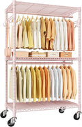ULIFHOME P1 Rolling Closets with Wheels and Shelves, Portable Closet Wardrobe for Clothes Hanging, Pink Clothing Storage and 
