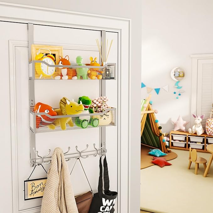 SWTYMIKI Over The Door Hook with 16 Hooks & 2 Mesh Baskets - Heavy Duty Over The Door Organizer Hanger for Towels, Coats, Clo