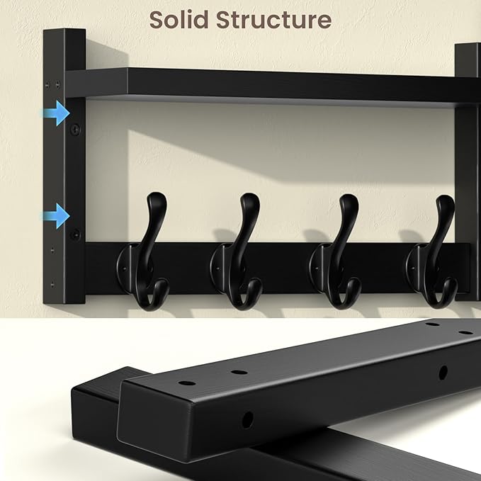 35'' Black Coat Rack Wall Mount with Shelf, Solid Wood Coat and Key Hanger with 13 Metal Hooks, Farmhouse Wall Organizer for 