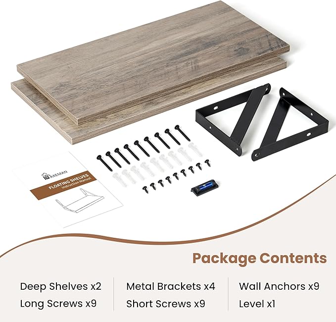 Axeman Floating Shelves for Wall, 16W x 8D Floating Shelves Set of 2, 8 Inch Deep Rustic Grey Wood Wall Mounted Shelves for F
