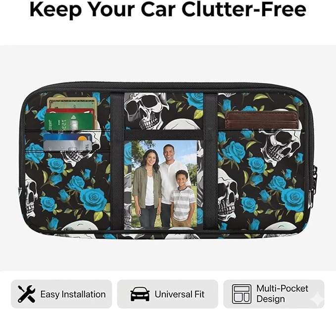 Skull Rose Zippered Sun Visor Organizer Cover with Card Holder Storage Pouch with Picture Multi-Pocket and Adjustable Straps Easy Installation Universal Fit for Most Cars SUV