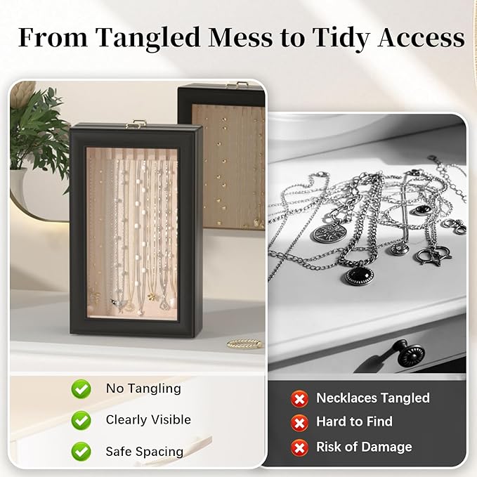 Necklace Organizer Box - 2-Layer Double-Sided Clear Lid Jewelry Storage Case, Anti-Tangle Necklaces Display Holder for Pendan