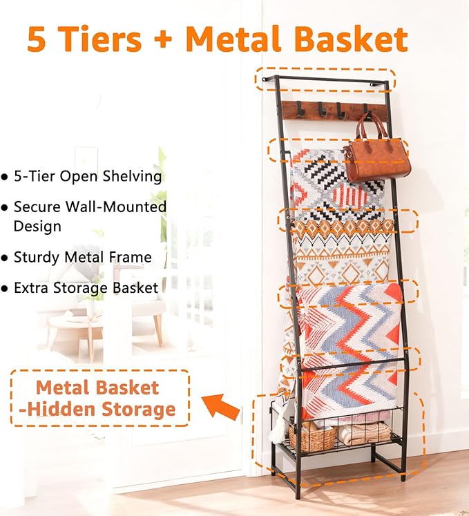 Metal Blanket Ladder with Basket, 5 Tier Rustic Blanket Rack with Hooks for Living Room, Bedroom, Farmhouse Decor – 5.2ft Wal