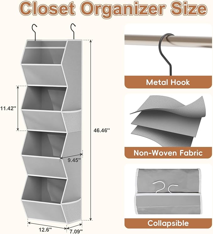 Hanging Closet Organizer 4 Shelf Collapsible Bedroom Closet Organizers and Storage Hanging with Mesh Pockets for Clothes, Fab