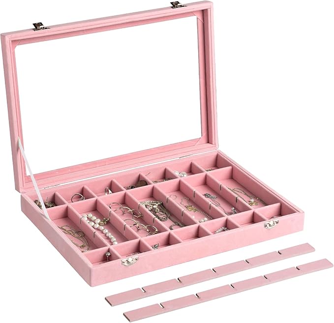 Frebeauty Velvet Jewelry Tray,35 Grid Jewelry Organizer with Clear Lid,Earring Holder Organizer Case with Clasp,Drawer Insert