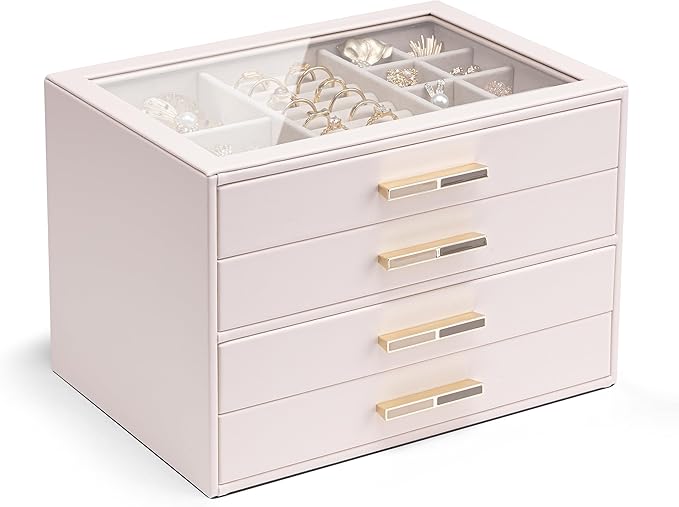 Vlando 4 Layer Jewelry Box for Women, Glass Lid Jewelry Organizer with 4 Drawers for Necklaces Rings Earrings Bracelets - Lig