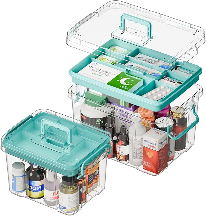 Covetree 2-Pack Clear Plastic Medicine Storage Organizer & First Aid Box – Multi-Layer Medicine Storage Box, Durable Medicine