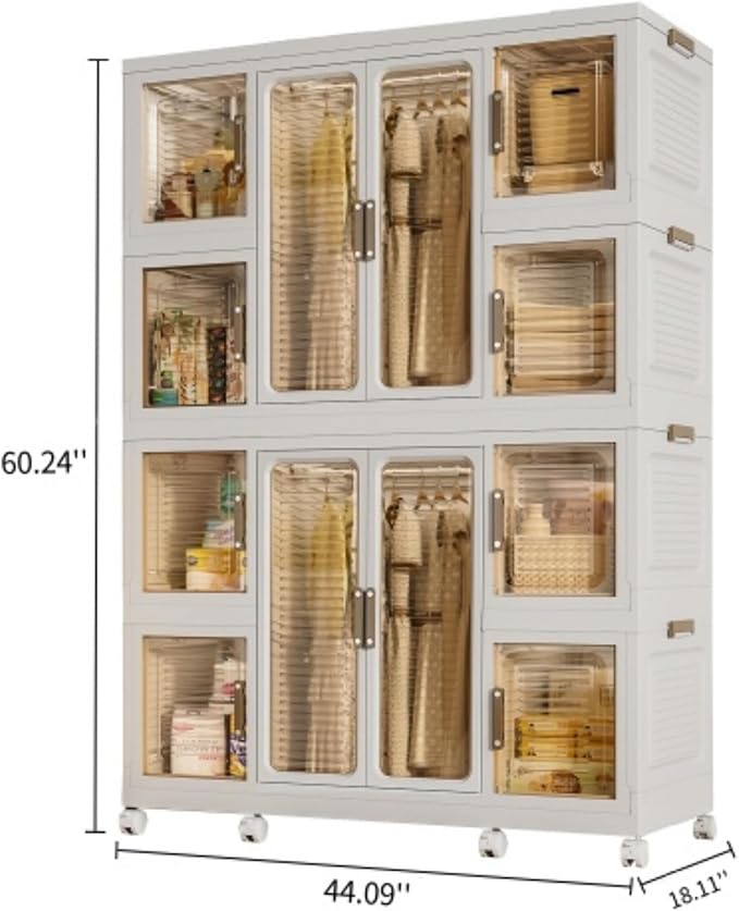 Portable Wardrobe Storage Cabinet, Large Closet Organizer with Magnetic Doors and Wheels, Portable Kids Closet with 2 Hanging