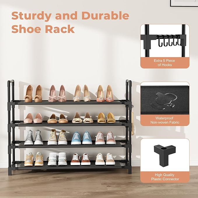4 Tier Shoe Rack, Shoe Organizer Storage for 16-20 Pair Boot and Sneaker, Stackable Free Standing Shoe Shelf with Hooks and S