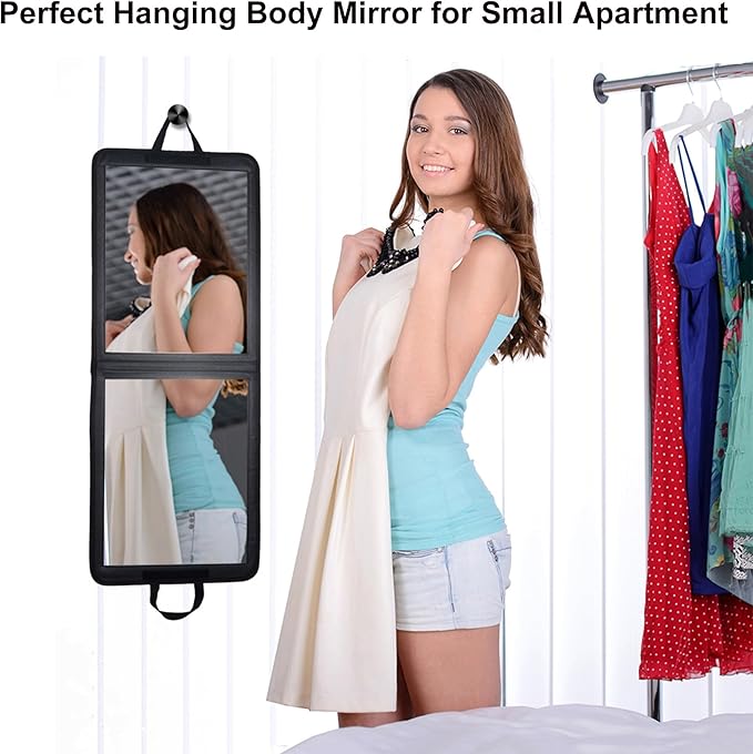 LPHUMEX 33x13 in Portable Mirror Full Length Door Hanging, Black Foldable Shatterproof Full Body Door Mirror for Dancing Bag,