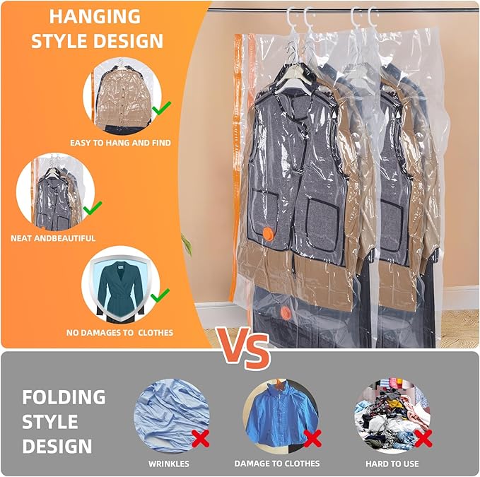 AGPTEK 6-Pack Hanging Vacuum Storage Bags for Clothes, Suits, Dresses & Jackets (3 Jumbo,3 Large) with Electric Pump - Space 