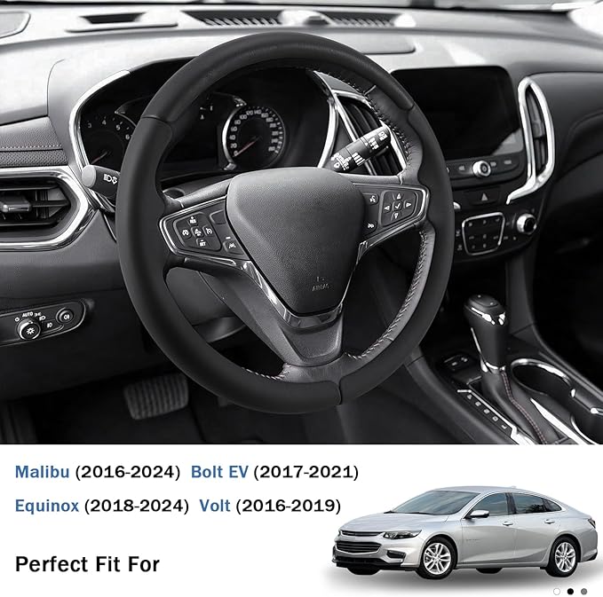 Steering Wheel Cover for Chevy Malibu 2016-2024/ Equinox 2018-2024/ Bolt EV 2017-2021/ Volt 2016-2019, Car Steering Wheel Cover Accessories for Chevrolet (Black Leather)