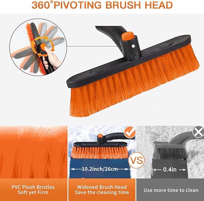 Kairiyard 31" Snow Brush and Ice Scrapers for Car Windshield, Detachable Extendable 360° Pivoting Snow Scrapers and Brush with Ergonomic Foam Grip for Car,Truck,SUV(Orange)