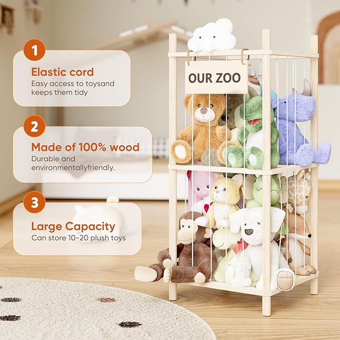 Dayacoco Stuffed Animal Storage, 2 Layer Wood Stuffed Animal Organizer Zoo, Toy Stuffy Storage Bin with Elastic Band and Net 