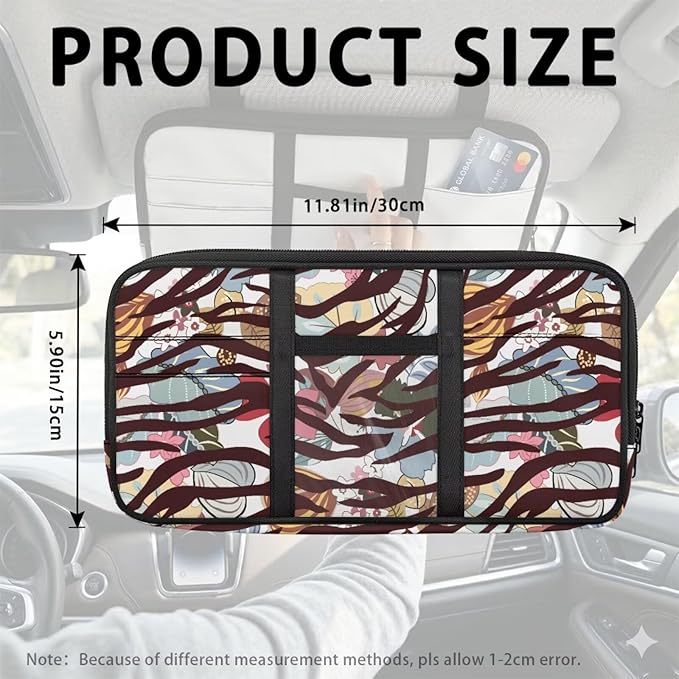 Floral Zippered Auto Drive Car Sun Visor Organizer with Picture Holder Multitool Storage Pouch Tactical with Elastic Bands and Pockets Easy Installation Universal Fit for Most Cars SUV
