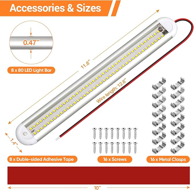 CT CAPETRONIX 12v Led Light Bar Strip, 80leds 1200LM 6.5W DC 12 Volt Led Strip Lights Fixtures with Switch, Enclosed Trailer Lights for RV Interior, Van, Truck Lorry, Camper, Boat, Caravan (8Pcs)
