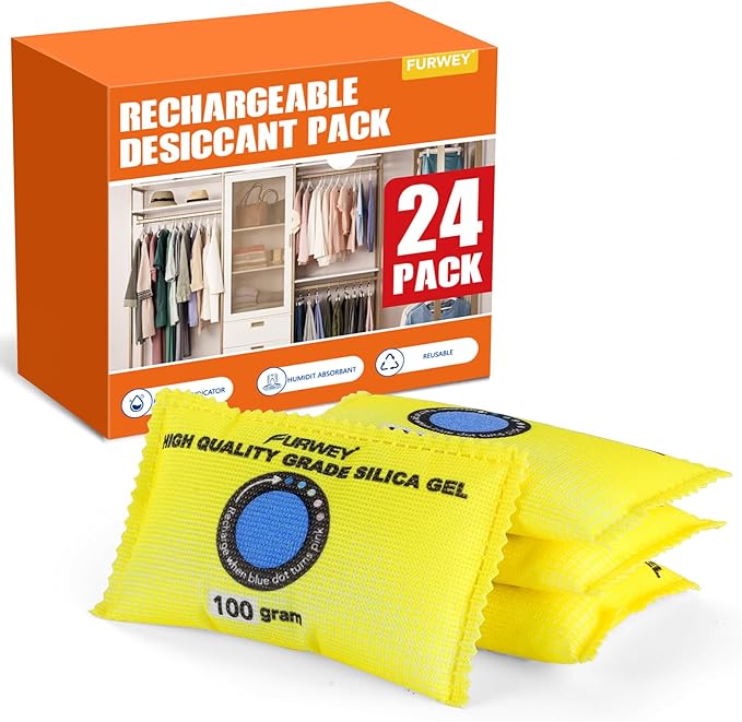 100g (24 Packs) Rechargeable Desiccant Packs for Storage, Color Indicating Silica Gel Desiccant Packets, Moisture absorbers