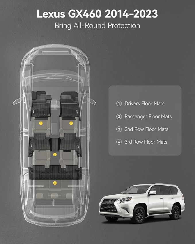 3W Floor Mats for Lexus GX460 2014-2023 (only for 7 seat), TPE All Weather Custom Fit Floor Liner 1st, 2nd&3rd Rows Car Mats, Black