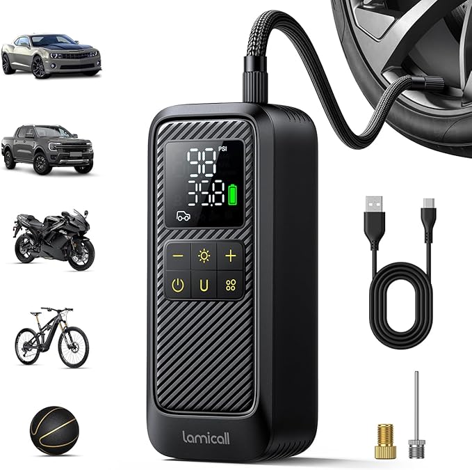Car Tire Inflator Portable Air Compressor - Lamicall [5X Faster][150 PSI] Air Pump with Rechargeable Battery for Car, Motorcycle, Bike, ATV,MTV, Scooter, Ball