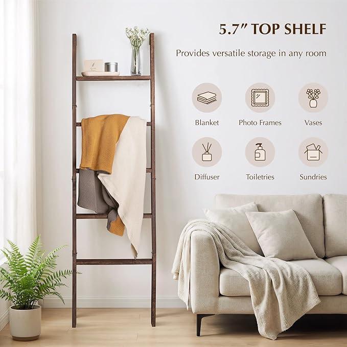 Blanket Ladder with Top Shelf, 5-Tier Wood 64” Decorative Ladder for Living Room Throws, Bedroom Quilt, Bathroom Towel & Toil