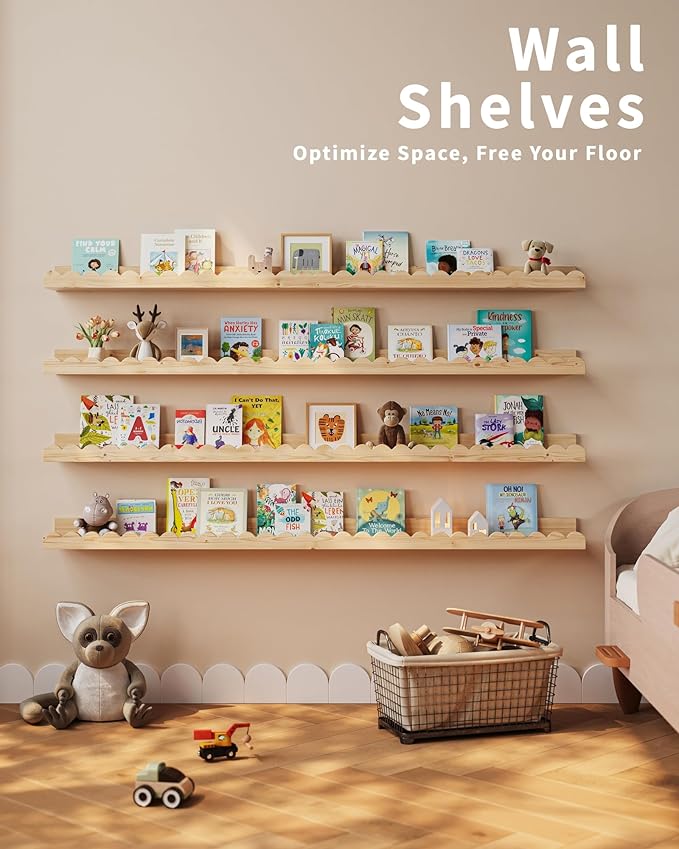Shario Nursery Book Shelves, 4-Pack White Floating Shelves for Wall Kids, Scalloped Shelves, Wall Book Shelves for Bedroom Ki