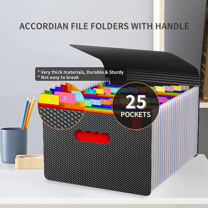 Expanding File Folders,25 Pockets Accordion File Organizer,Expandable Filing Folder with Handle,Portable File Box for Receipt